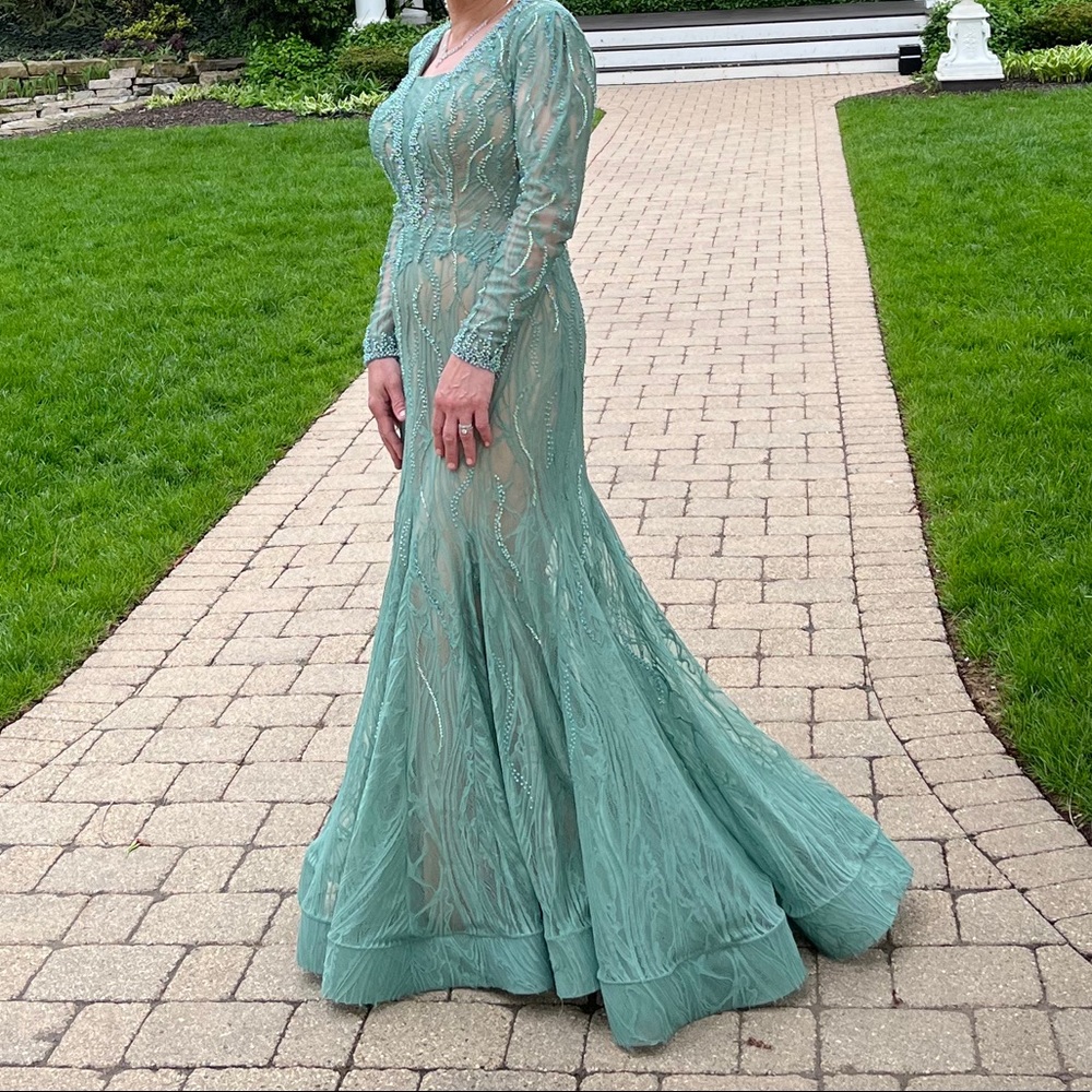 Mac Duggal Long Sleeve Beaded Sage Mermaid Gown